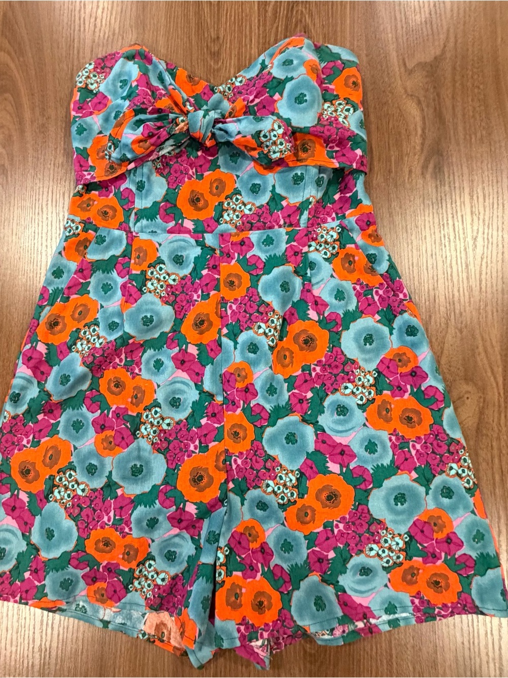 Lush Girls Floral Strapless Bow Romper in Teal, Orange & Pink